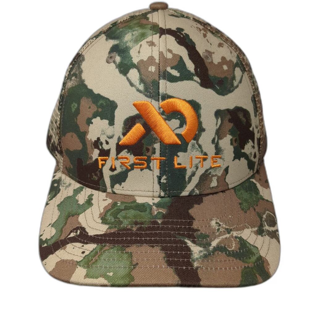 First Lite Trucker Hat Beige One Size Camo Orange Logo Mesh Back Snapback